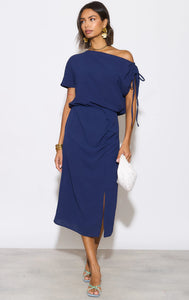 Off Shoulder Drape Midi Dress in Navy