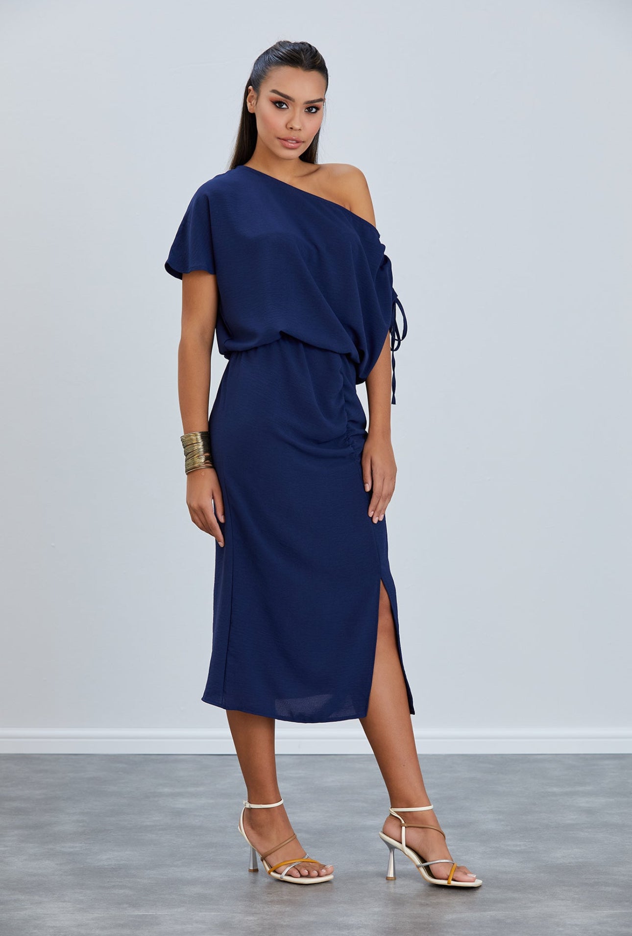 Off Shoulder Drape Midi Dress in Navy
