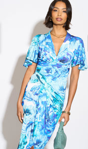 Angel Sleeve Midi Wrap-Style Dress Blue