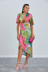 Angel Sleeve Midi Wrap-Style Dress