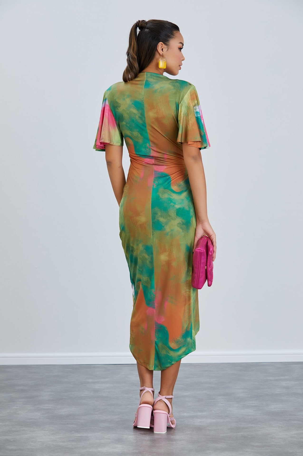 Angel Sleeve Midi Wrap-Style Dress