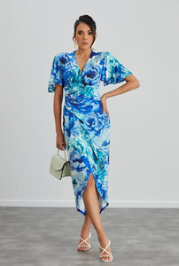 Angel Sleeve Midi Wrap-Style Dress Blue