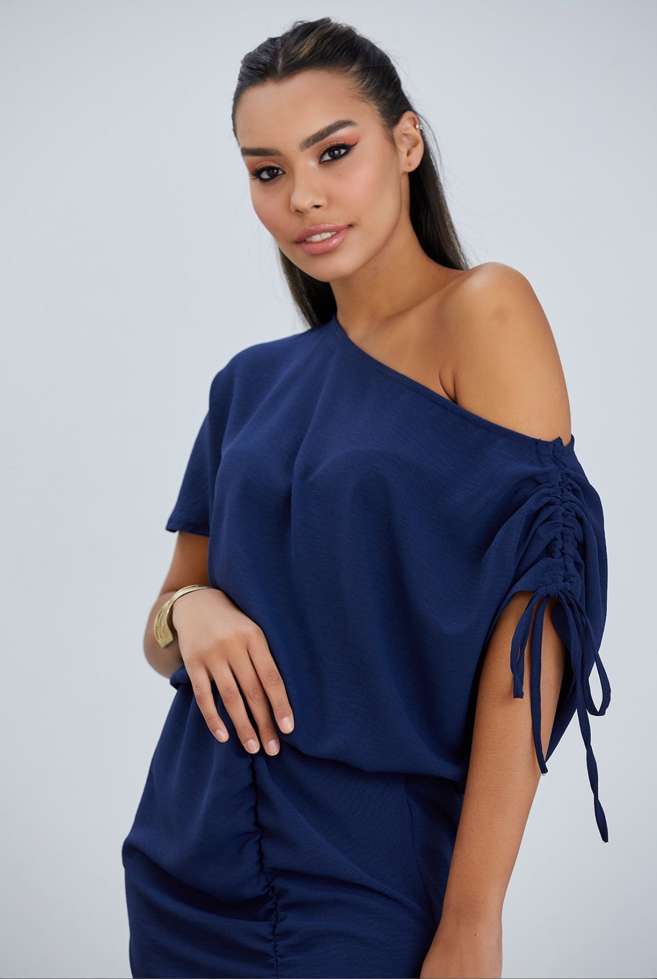 Off Shoulder Drape Midi Dress in Navy