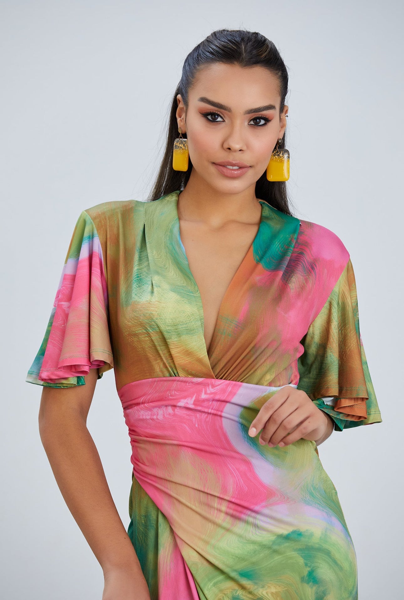 Angel Sleeve Midi Wrap-Style Dress