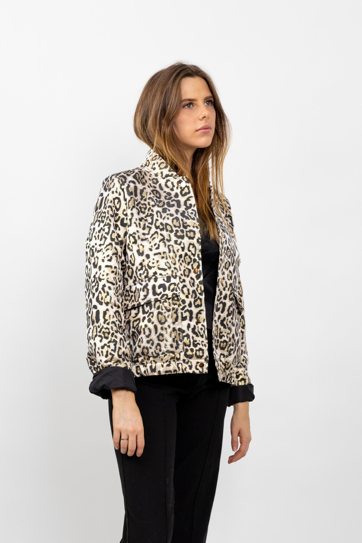 Metallic Leopard Print Bomber Jacket