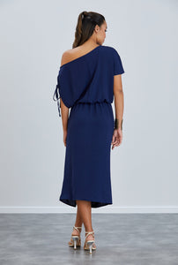 Off Shoulder Drape Midi Dress in Navy