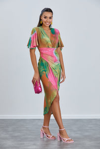Angel Sleeve Midi Wrap-Style Dress