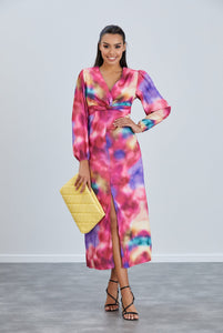 Rita Twist Midi Dress in Abstract Pink print