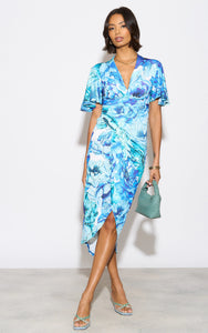 Angel Sleeve Midi Wrap-Style Dress Blue
