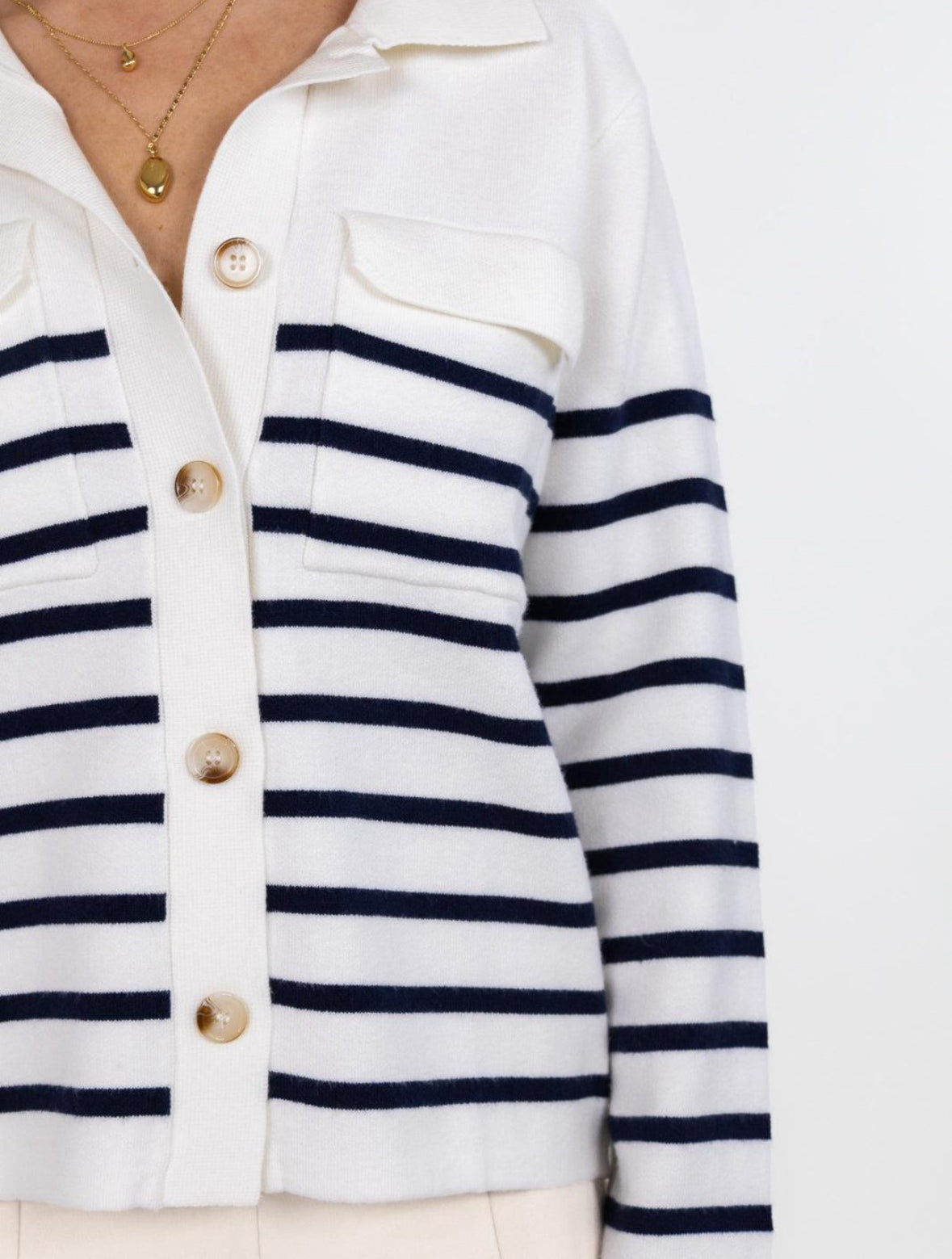 Kate & Pippa Dani knit Cardi in Navy/Cream Stripe