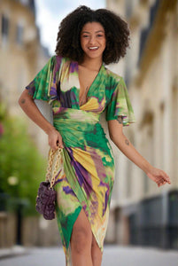Angel Sleeve Wrap-style Dress Khaki purple