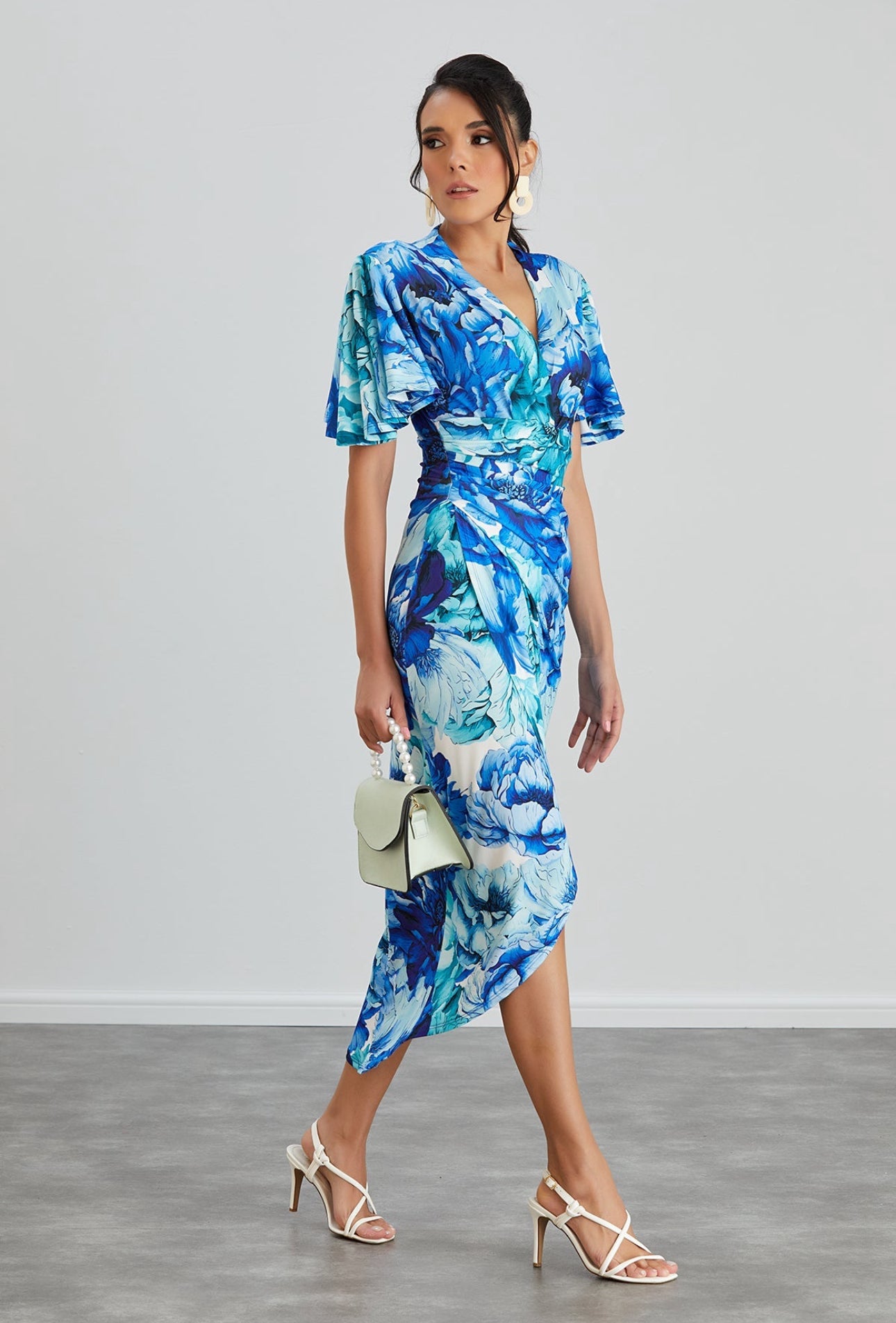 Angel Sleeve Midi Wrap-Style Dress Blue