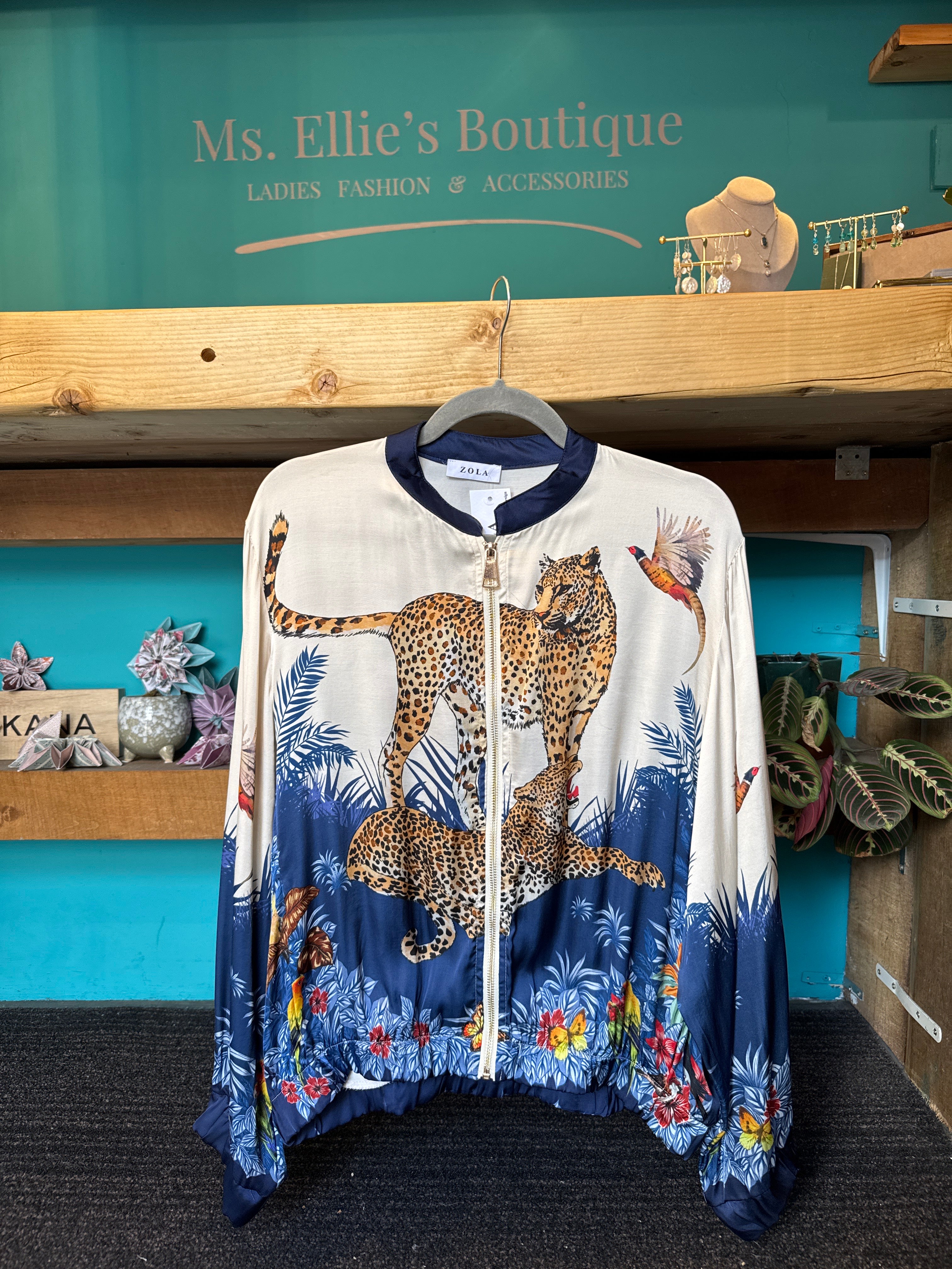 Zola Navy trim Animal print Bomber