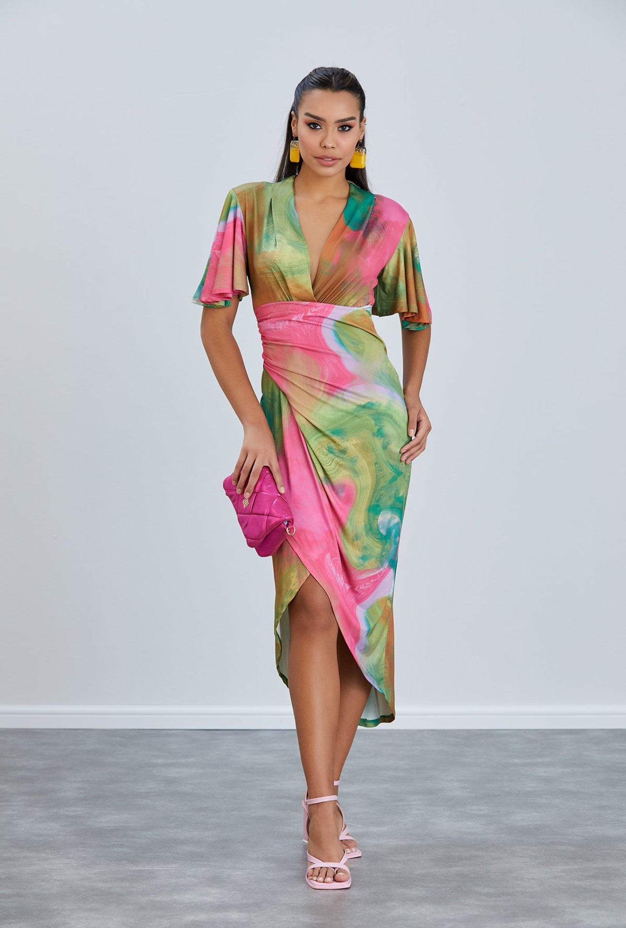 Angel Sleeve Midi Wrap-Style Dress