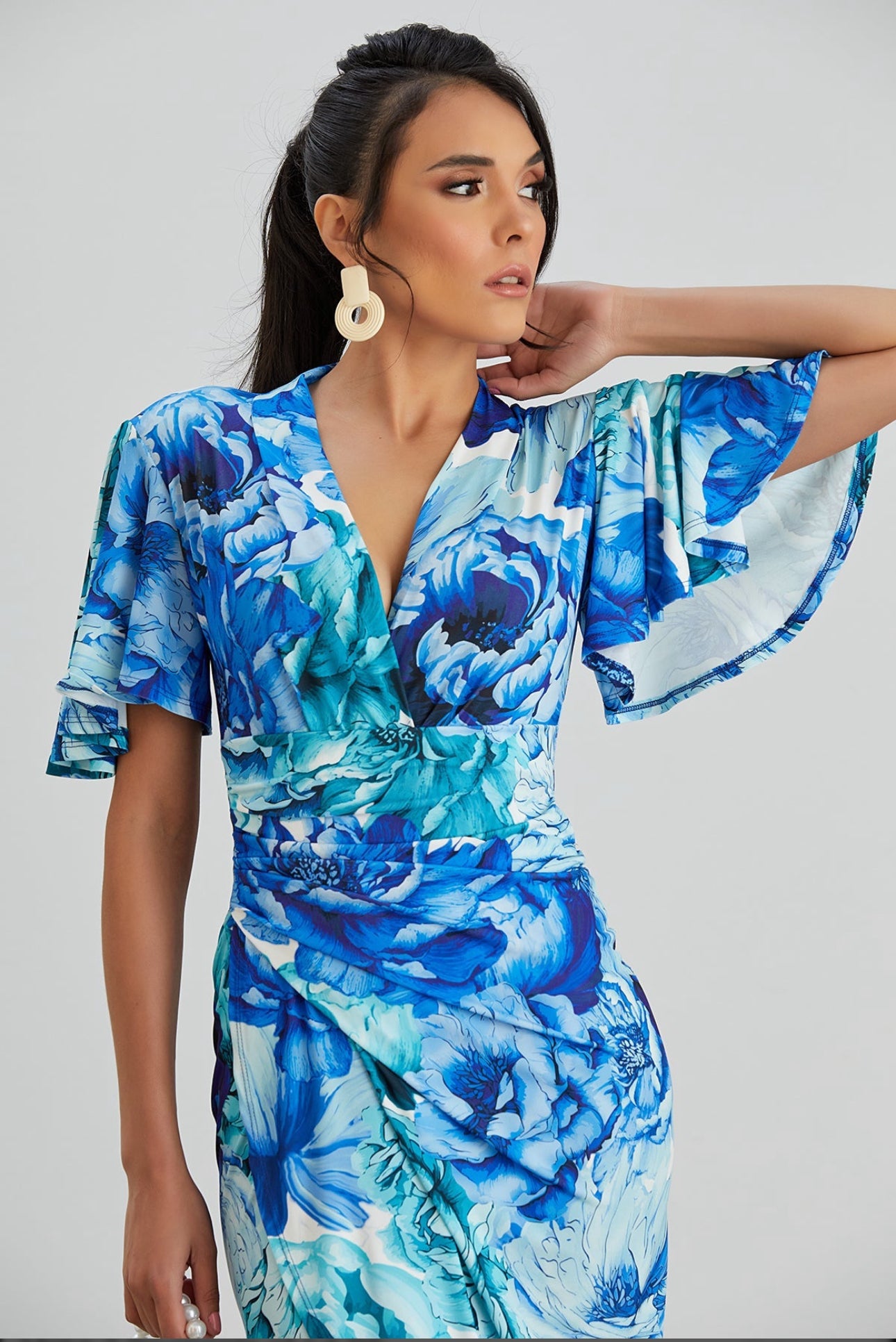 Angel Sleeve Midi Wrap-Style Dress Blue