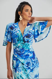 Angel Sleeve Midi Wrap-Style Dress Blue