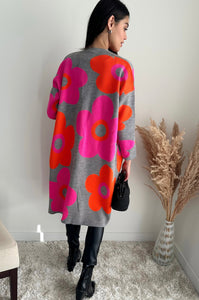 Fuchsia longline cardi with big flower print