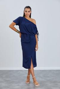 Off Shoulder Drape Midi Dress in Navy