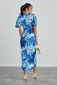 Angel Sleeve Midi Wrap-Style Dress Blue