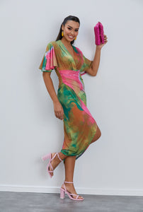 Angel Sleeve Midi Wrap-Style Dress