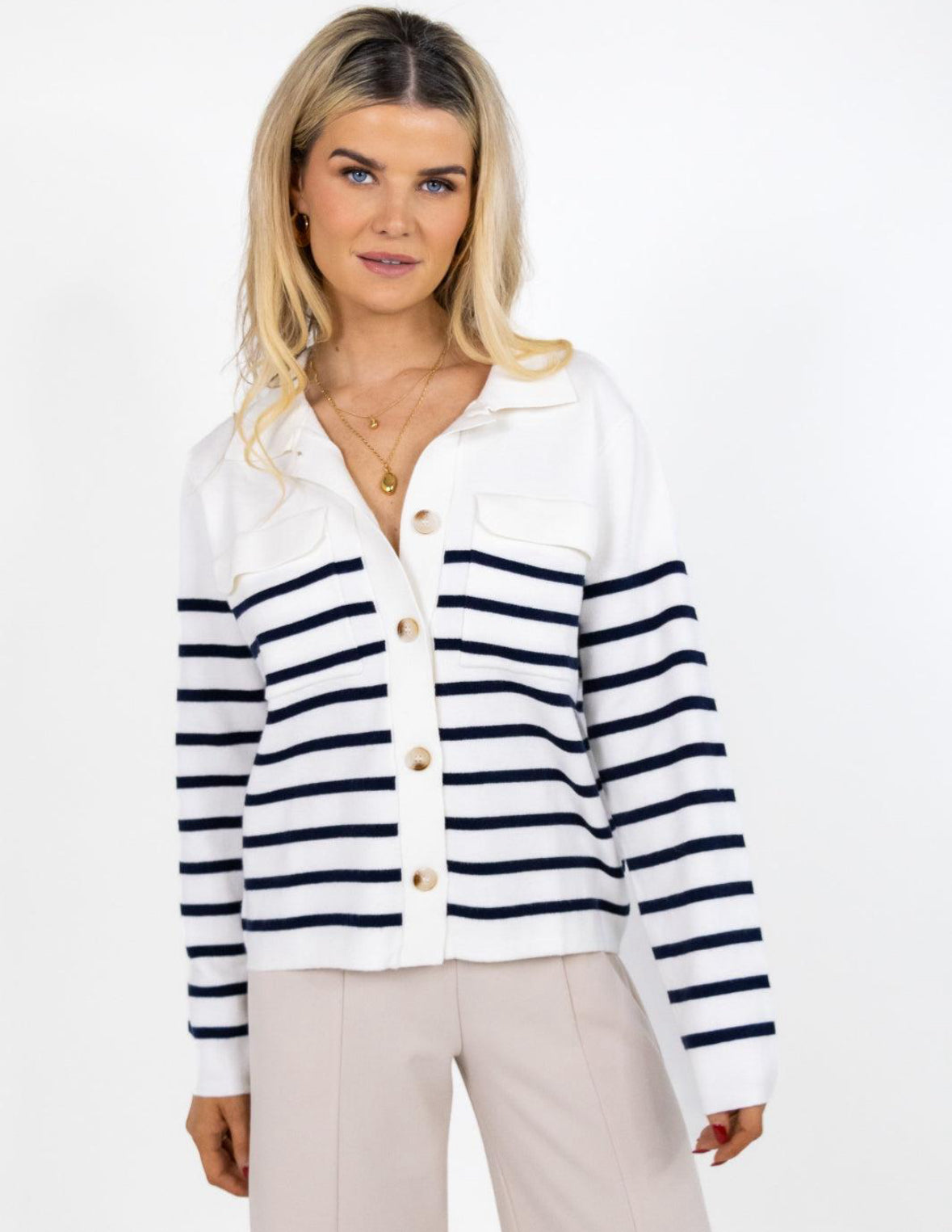 Kate & Pippa Dani knit Cardi in Navy/Cream Stripe