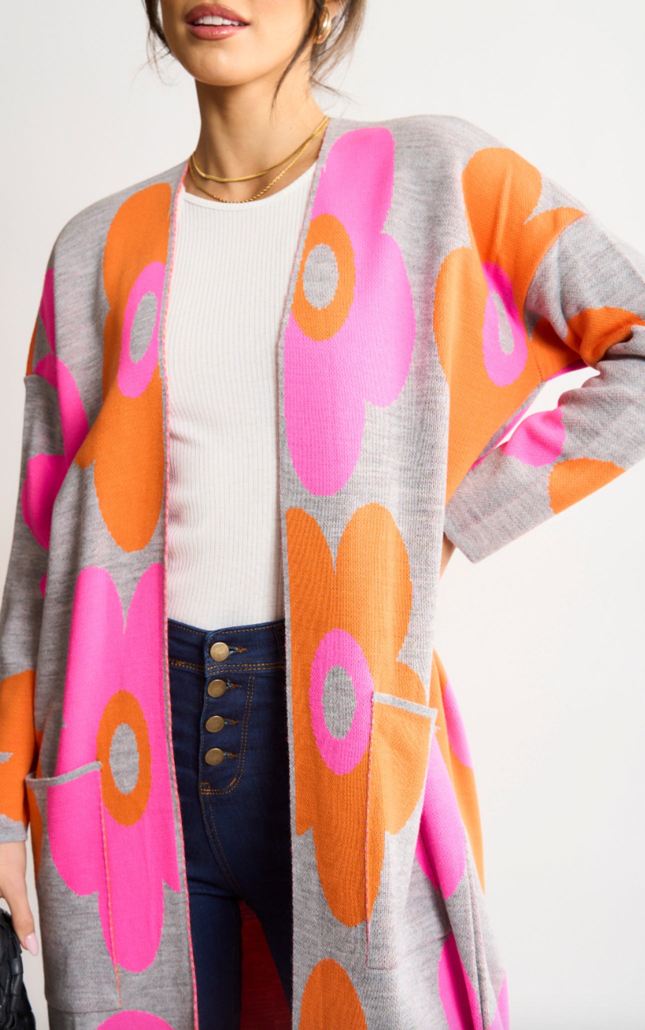 Fuchsia longline cardi with big flower print